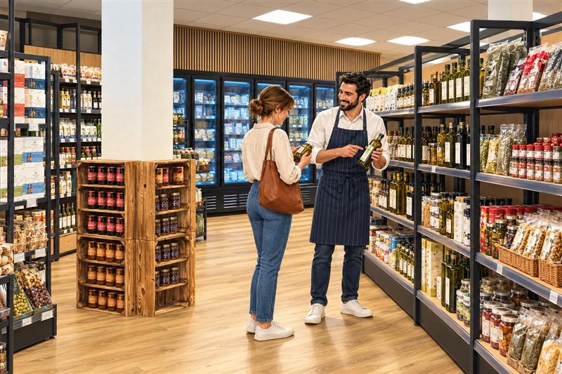 Zeichnung eines griechischen Feinkostladens mit Olivenöl, Wein und Spezialitäten